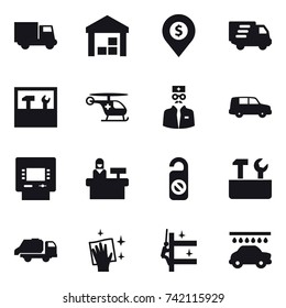 16 vector icon set : truck, warehouse, dollar pin, delivery, tools, atm, reception, do not disturb, repair tools, trash truck, wiping, skyscrapers cleaning, car wash