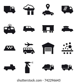 16 Vector Icon Set : Truck, Factory Filter, Car Pointer, Delivery, Car Baggage, Taxi, Transfer, Garage, Pickup, Sprayer, Trash Truck, Sweeper