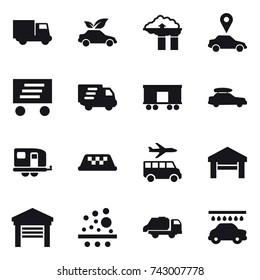 16 vector icon set : truck, eco car, factory filter, car pointer, delivery, car baggage, trailer, taxi, transfer, garage, trash truck, car wash