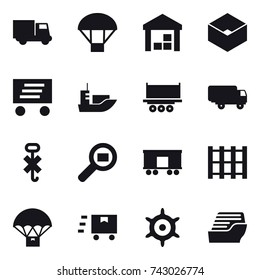 16 vector icon set : truck, parachute, warehouse, box, delivery, handwheel, cruise ship