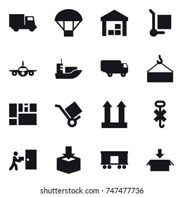 16 vector icon set : truck, parachute, warehouse, cargo stoller, package