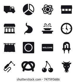16 vector icon set : truck, diagram, atom, market, fountain, watch, curtain, ring button, welcome mat, cherry, cow
