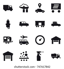 16 vector icon set : truck, factory filter, car pointer, delivery, spark plug, car baggage, trailer, transfer, barometer, garage, sprayer, sweeper