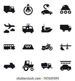 16 vector icon set : truck, rocket, electric car, lunar rover, journey, bus, taxi, motorcycle, plow, pickup, tractor, sweeper, car wash