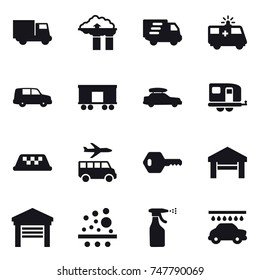 16 vector icon set : truck, factory filter, delivery, car baggage, trailer, taxi, transfer, key, garage, sprayer, car wash