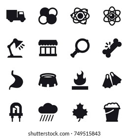 16 vector icon set : truck, atom core, atom, table lamp, market, magnifier, stadium, flippers, rain cloud, maple leaf, foam bucket