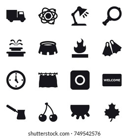 16 vector icon set : truck, atom, table lamp, magnifier, fountain, stadium, flippers, watch, curtain, ring button, welcome mat, turk, cherry, udder, maple leaf