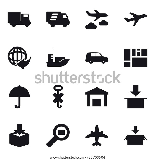 16 vector icon set : truck, delivery, journey,\
airplane, package