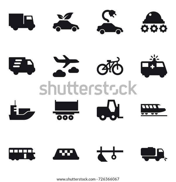 16 vector icon set : truck, eco car, electric\
car, lunar rover, delivery, journey, bike, train, bus, taxi, plow,\
sweeper