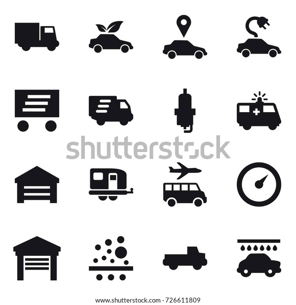 16 vector icon set : truck, eco car, car\
pointer, electric car, delivery, spark plug, garage, trailer,\
transfer, barometer, pickup, car\
wash