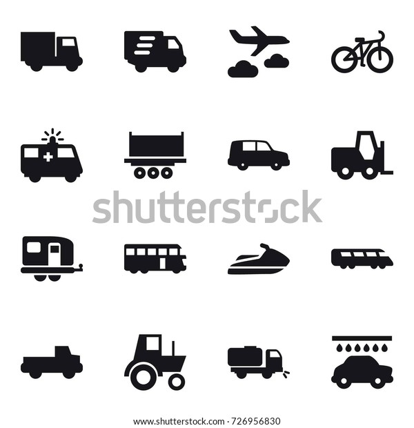 16 vector icon\
set : truck, delivery, journey, bike, trailer, bus, jet ski,\
pickup, tractor, sweeper, car\
wash