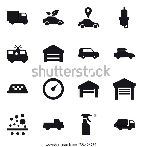 16 vector icon set : truck, eco car, car pointer,\
spark plug, garage, car baggage, taxi, barometer, pickup, sprayer,\
trash truck