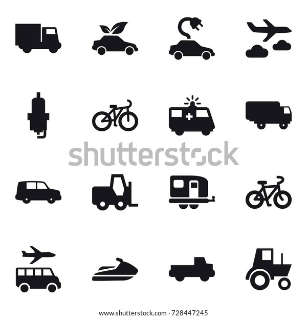 16 vector icon set : truck, eco car, electric\
car, journey, spark plug, bike, trailer, transfer, jet ski, pickup,\
tractor