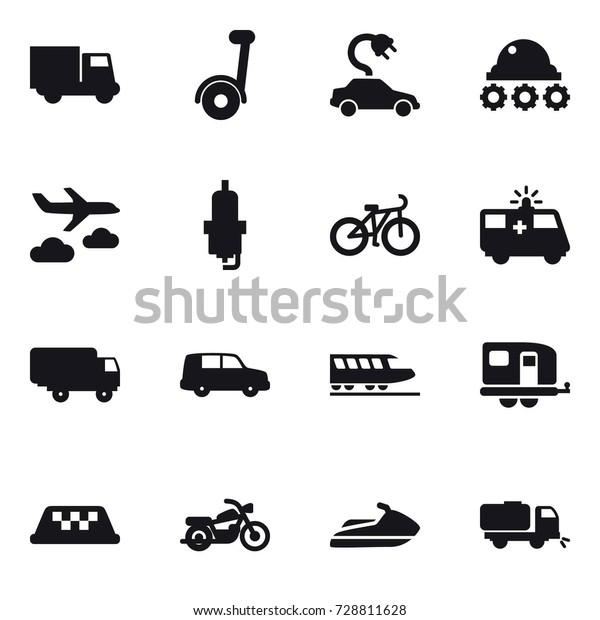 16 vector icon set : truck, segway, electric\
car, lunar rover, journey, spark plug, bike, train, trailer, taxi,\
motorcycle, jet ski,\
sweeper