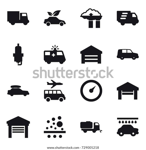 16 vector icon set : truck, eco car, factory filter,\
delivery, spark plug, garage, car baggage, transfer, barometer,\
sweeper, car wash