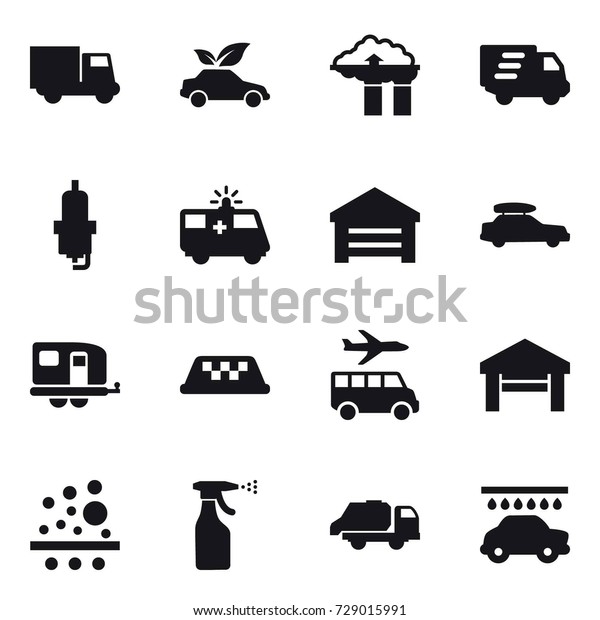 16 vector icon set : truck, eco car,\
factory filter, delivery, spark plug, garage, car baggage, trailer,\
taxi, transfer, sprayer, trash truck, car\
wash