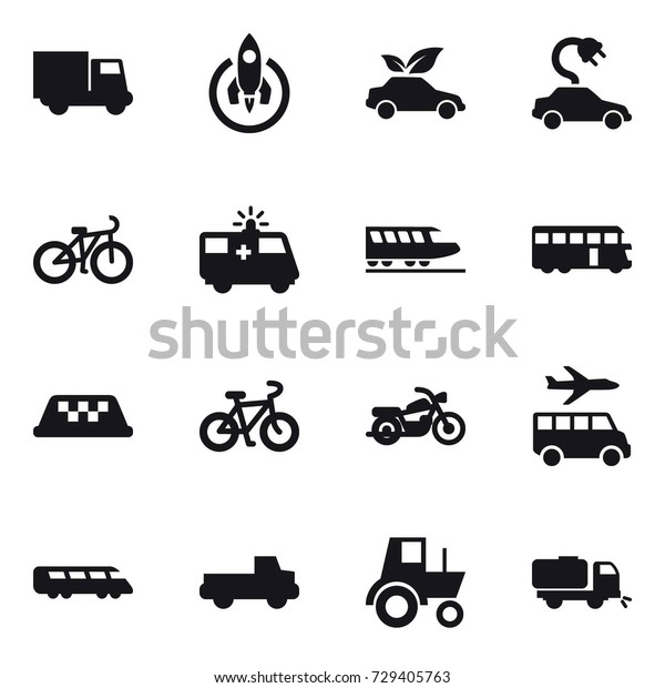 16 vector icon set : truck, rocket, eco car,\
electric car, bike, train, bus, taxi, motorcycle, transfer, pickup,\
tractor, sweeper