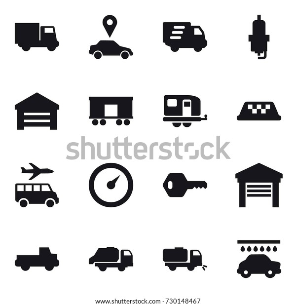 16 vector icon set : truck, car\
pointer, delivery, spark plug, garage, trailer, taxi, transfer,\
barometer, key, pickup, trash truck, sweeper, car\
wash
