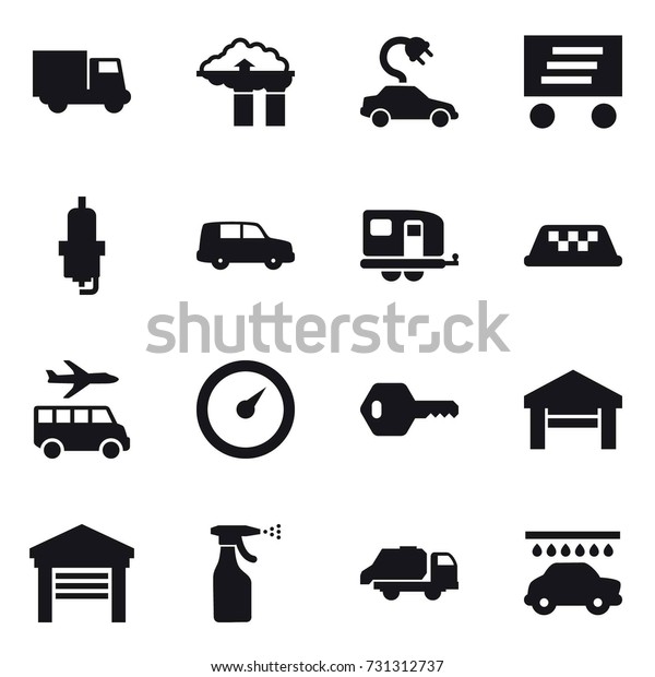 16 vector icon set :\
truck, factory filter, electric car, delivery, spark plug, trailer,\
taxi, transfer, barometer, key, garage, sprayer, trash truck, car\
wash