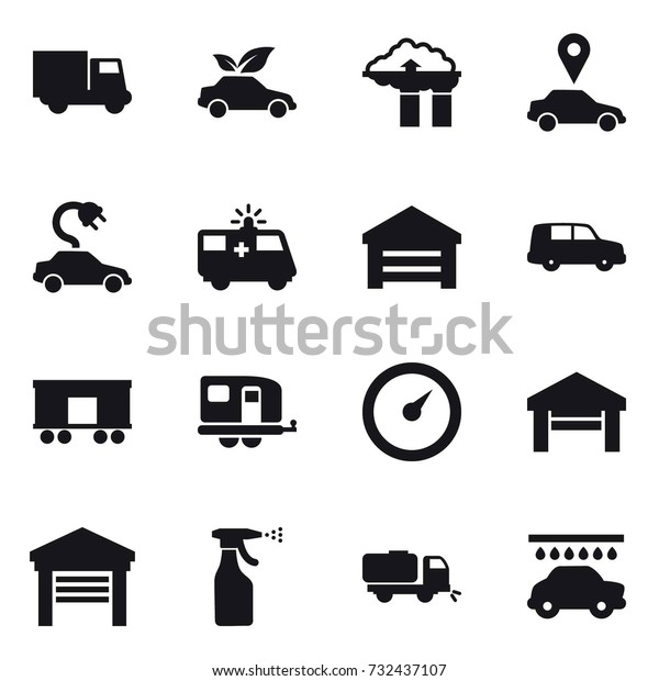 16 vector icon set : truck, eco car, factory filter,\
car pointer, electric car, garage, trailer, barometer, sprayer,\
sweeper, car wash