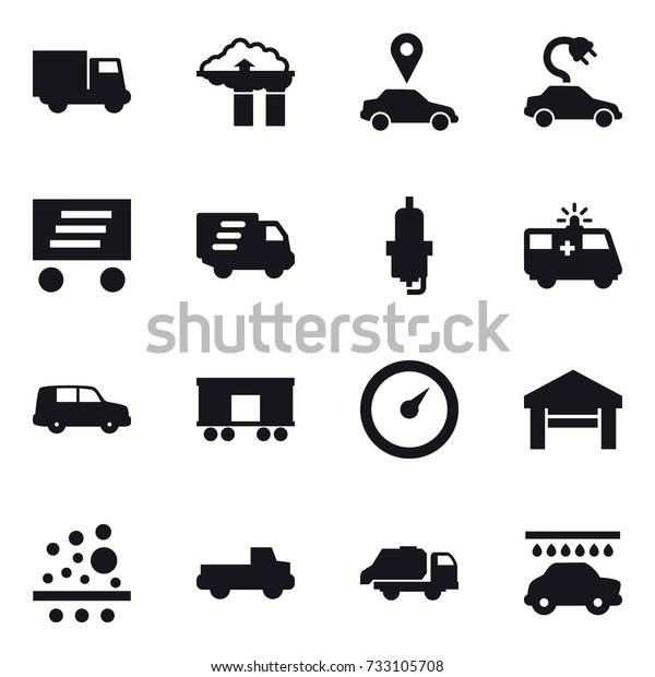 16 vector icon set : truck, factory filter, car\
pointer, electric car, delivery, spark plug, barometer, garage,\
pickup, trash truck, car\
wash