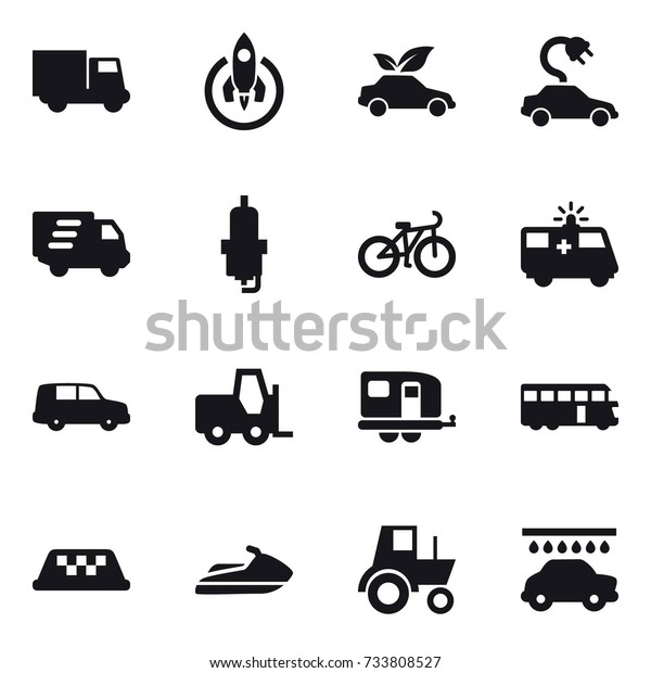 16 vector icon set : truck, rocket, eco car,\
electric car, delivery, spark plug, bike, trailer, bus, taxi, jet\
ski, tractor, car wash