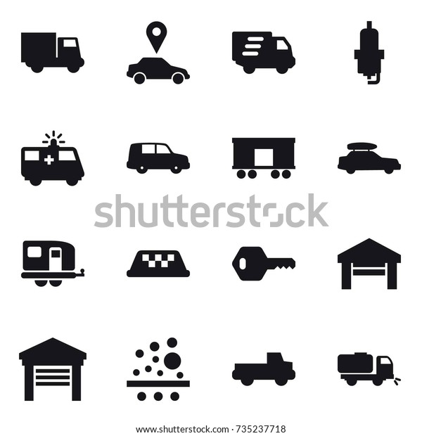 16\
vector icon set : truck, car pointer, delivery, spark plug, car\
baggage, trailer, taxi, key, garage, pickup,\
sweeper