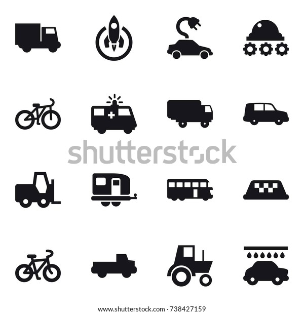 16 vector\
icon set : truck, rocket, electric car, lunar rover, bike, trailer,\
bus, taxi, pickup, tractor, car\
wash
