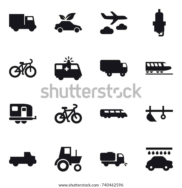 16\
vector icon set : truck, eco car, journey, spark plug, bike, train,\
trailer, plow, pickup, tractor, sweeper, car\
wash