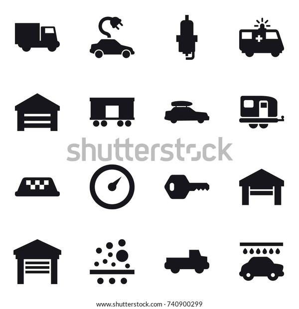 16 vector icon set : truck, electric car, spark\
plug, garage, car baggage, trailer, taxi, barometer, key, pickup,\
car wash