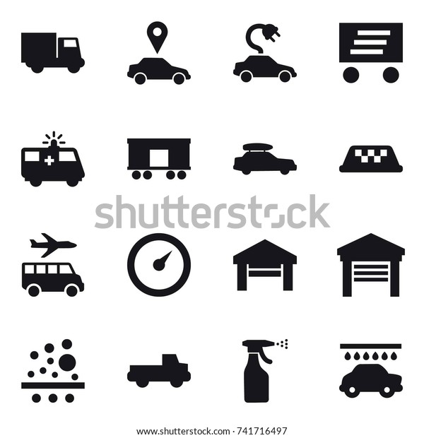 16 vector icon set : truck, car pointer, electric
car, delivery, car baggage, taxi, transfer, barometer, garage,
pickup, sprayer, car wash