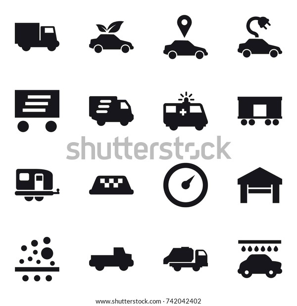 16 vector icon set : truck, eco car, car\
pointer, electric car, delivery, trailer, taxi, barometer, garage,\
pickup, trash truck, car\
wash