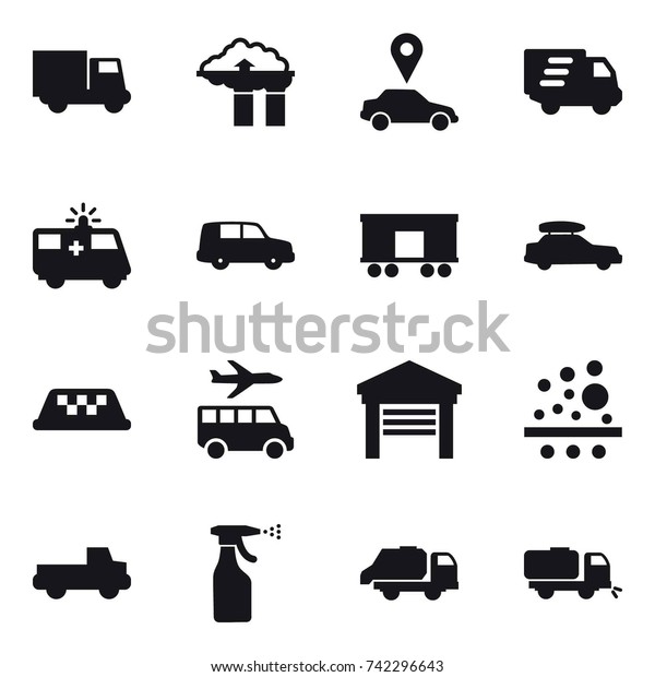 16 vector icon set : truck, factory filter, car\
pointer, delivery, car baggage, taxi, transfer, garage, pickup,\
sprayer, trash truck,\
sweeper
