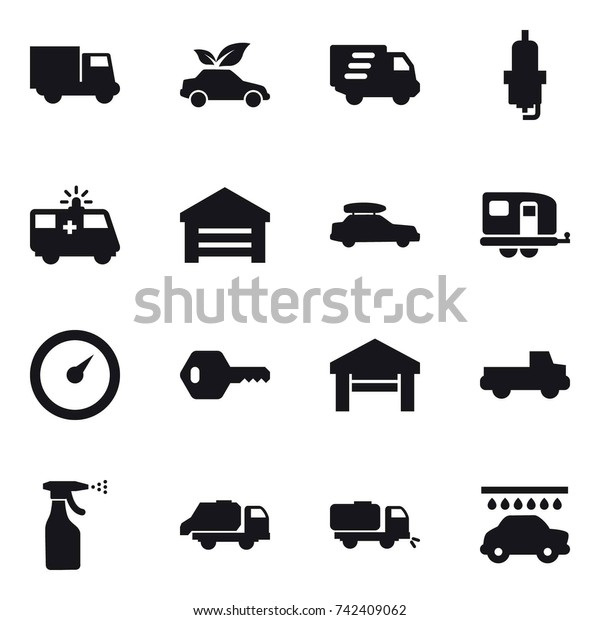 16 vector icon set : truck, eco car,\
delivery, spark plug, garage, car baggage, trailer, barometer, key,\
pickup, sprayer, trash truck, sweeper, car\
wash