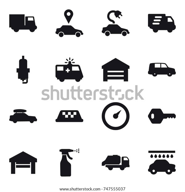 16 vector icon set : truck, car pointer,\
electric car, delivery, spark plug, garage, car baggage, taxi,\
barometer, key, sprayer, trash truck, car\
wash