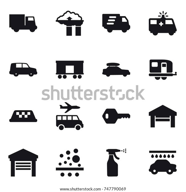 16 vector icon set : truck, factory filter,\
delivery, car baggage, trailer, taxi, transfer, key, garage,\
sprayer, car wash
