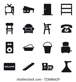 16 vector icon set : tv, house with garage, door, rack, chair, armchair, Chair for babies, phone, speaker, washing, bucket, toaster, welcome mat, stairs, plunger
