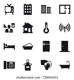 16 vector icon set : tv, building, district, plan, architector, home, thermometer, wireless, bed, washing, fridge, door, apron, wiping, bath