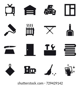 16 vector icon set : tv, garage, modern architecture, window, repair, radiator, iron board, scoop, cutting board, door, repair tools, towels, rag, broom, wiping