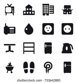16 vector icon set : tv, cottage, houses, japanese house, drop, power socket, table, rack, fridge, kettle, bbq, slippers
