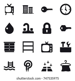 16 vector icon set : tv, district, key, watch, drop, water tap, locked, chest of drawers, rack, repair tools, pool, clean floor, hanger