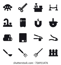 16 vector icon set : ufo, vip fence, water tap, fridge, kitchen scales, garlic clasp, walnut crack, ladle, big fork, fork, grain elevator