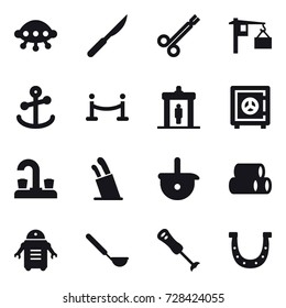 16 vector icon set : ufo, vip fence, detector, safe, water tap, stands for knives, ladle, horseshoe