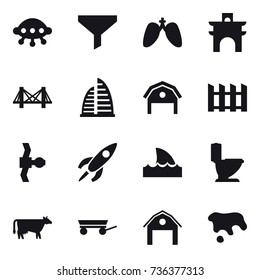 16 vector icon set : ufo, funnel, arch, bridge, skyscraper, barn, fence, shark flipper, toilet, cow, trailer, spot