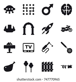 16 vector icon set : ufo, chip, building helmet, arch, motorcycle, restaurant, tv, skimmer, trees, fence, drying clothe