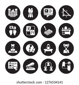 16 vector icon set : University, Sociology, Stapler, Streaming, Student, Sheet, Translator, Studying, Test isolated on black background