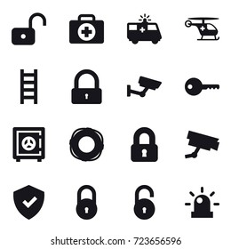 16 vector icon set : unlock, stairs, lock, surveillance, key, safe, lifebuoy, locked