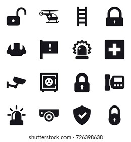 16 vector icon set : unlock, stairs, lock, building helmet, first aid, surveillance, safe, locked, intercome, alarm, surveillance camera