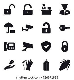 16 vector icon set : unlock, surveillance, unlocked, key, intercome, hand leaf, gloves, dry wash, bug
