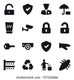 16 vector icon set : unlock, uv cream, surveillance, locked, unlocked, key, surveillance camera, cook glove, watering, recycling, garbage bin, bug